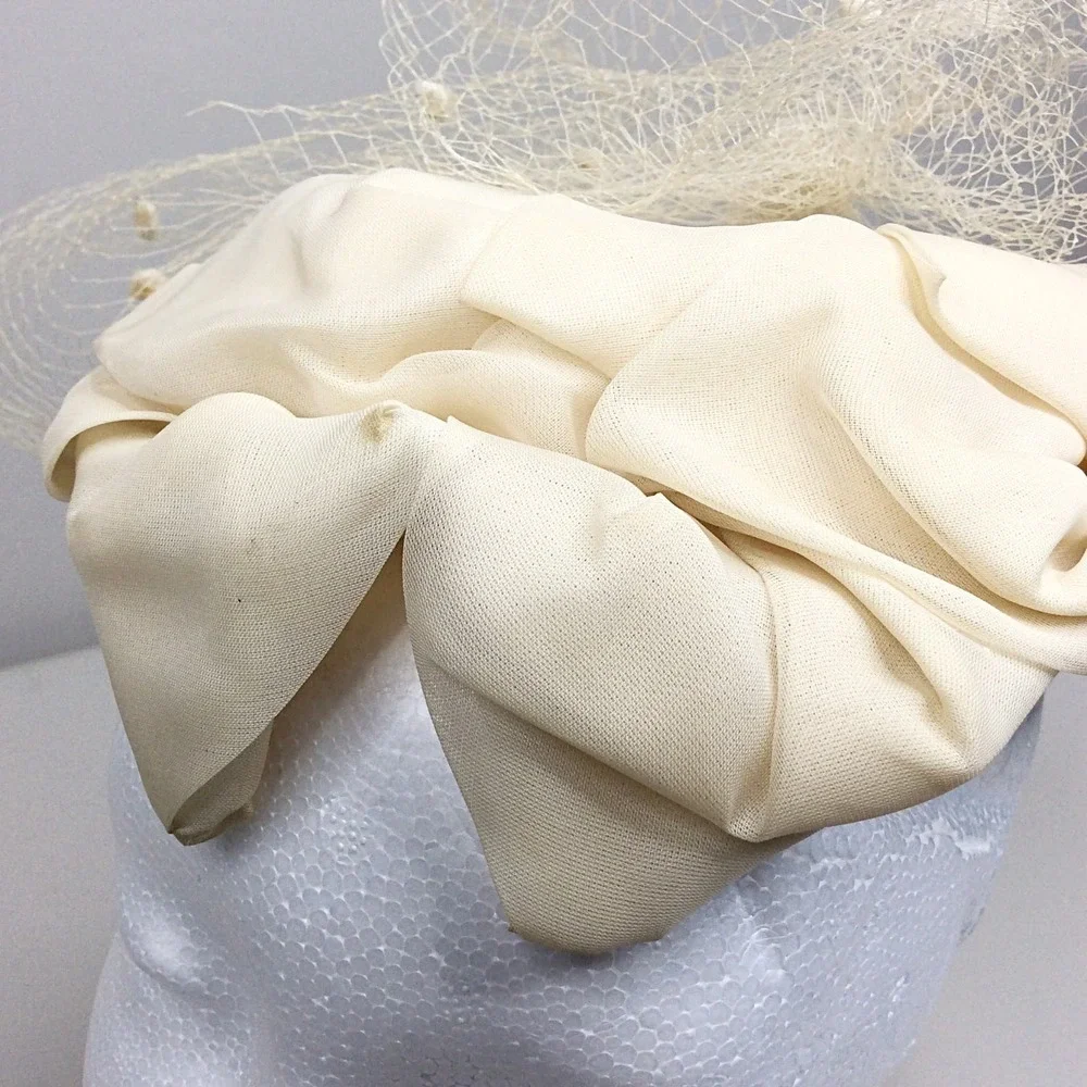 Vintage Women's Chiffon Pillbox Hat Lace Overlay Ruffled Ivory Cream 50s 60s